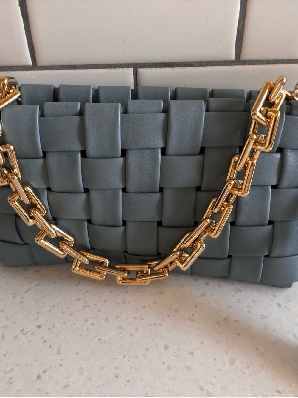 Woven Leather Shoulder Bag in Dusty Blue with Gold Chain
